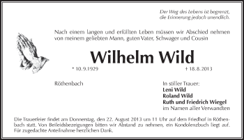 Traueranzeige von Wilhelm Wild von Pegnitz-Zeitung